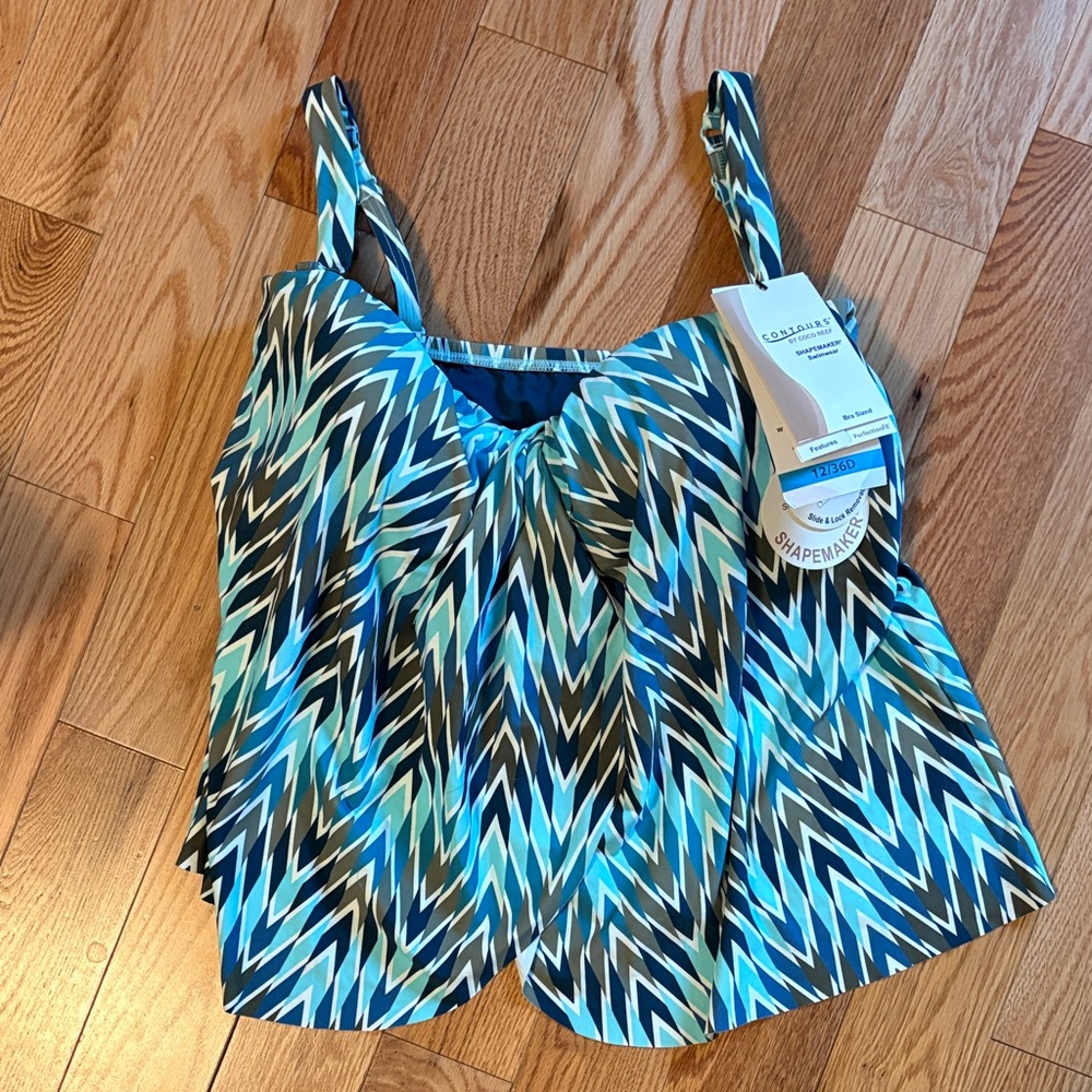 Contours by coco reef Blue Turquoise Chevron Ruched Swim Top 12/36D shapewear